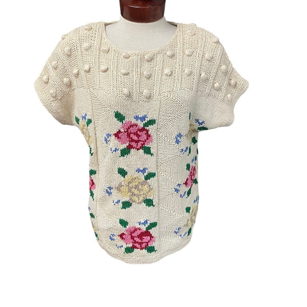 VTG Tony Lambert Silk Blend Sweater Popcorn Granny Flowers Size Small Cottage